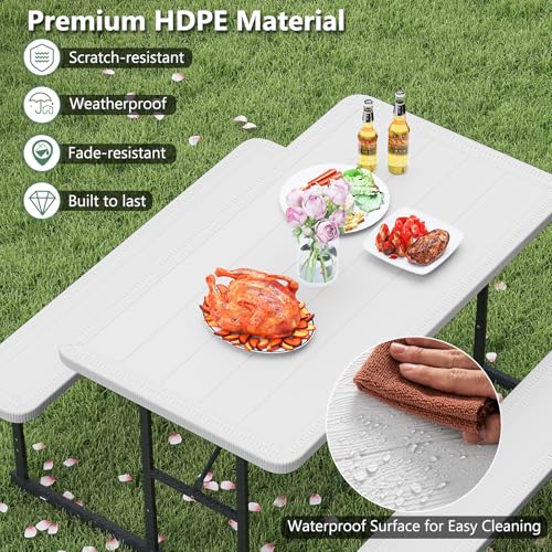 LDAILY Picnic Tables with Benches, Rectangular Dining Table Set for Outside 4 People, HDPE Tabletop, Metal Frame, Umbrella Hole, Heavy Duty Picnic Table for Outdoors, Patio, Lawn, Commercial (White) - color: White