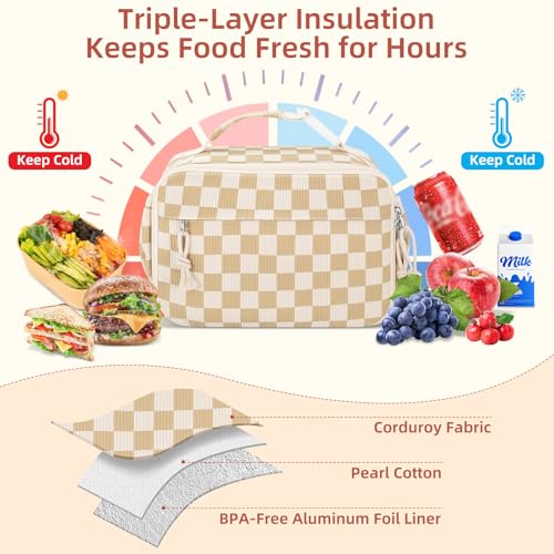 Insulated Lunch Bag for Girls & Boys, Kids & Teens – Cute Checkered Lunch Box with Side Pockets, Buckle Handle for Backpack Hanging, Lightweight Waterproof Lunchbox for School, Teens, Women & Man ﻿ - color: Checkered Beige Brown-Kid