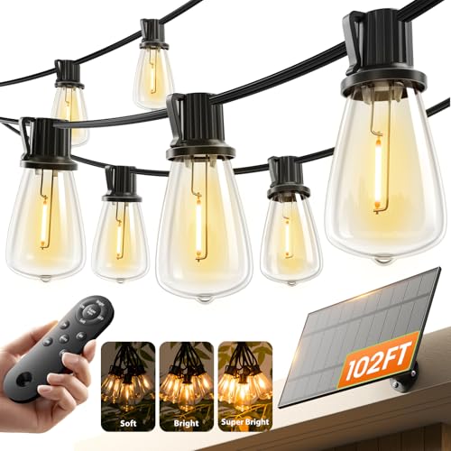 KYY 102FT(96+6) Solar String Lights Outdoor with USB Port Remote Control, LED Waterproof Solar Powered Patio with 32 Sockets, Heavy-Duty and UL Listed Porch Market Lights - size: 96+6FT(32 Sockets）