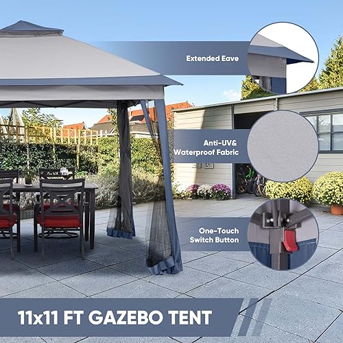 11x11 FT Gazebo Tent, Outdoor Tents for Parties with Mosquito Netting, Folding Heavy Duty Height Adjustable Canopy Tent for Patio Backyard Garden (Blue) - color: Blue