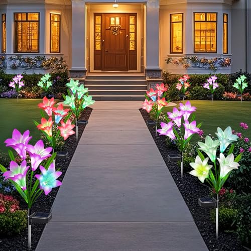 ostritec Solar Lights Outdoor Waterproof, 4 Pack Garden Decor Lights, 16 Multi-Color Changing Lily Solar Flowers for Yard Patio Pathway Decor, Gifts for Women Mom (4 Pack) - style: Multi-Color Lilies-4 Pack
