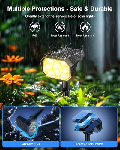 Brightown Solar Lights Outdoor with 58 LED & Auto ON/Off, IP67 Solar Spot Lights Outdoor with 3 Light Intensities. 2-in-1 Outdoor Solar Lights for Yard, Gardens, Flag and Pathways. 4Pcs (Warm White) - color: Warm White, size: 4 Pack