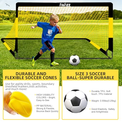 Soccer Goal, Soccer Goals for Backyard, 4x3ft Portable Pop Up Soccer Net Set, Soccer Training Equipment with Soccer Ball, Ladder and Cones - color: Yellow