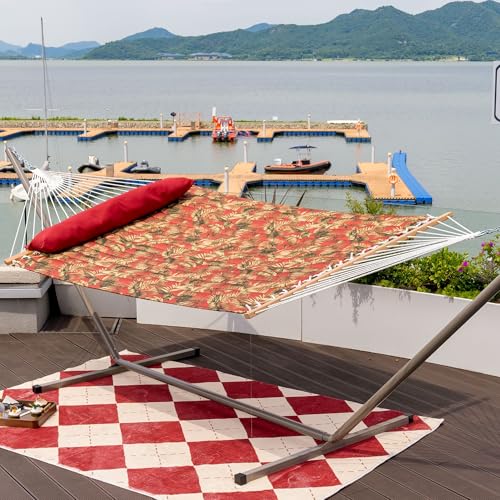Lazy Daze Hammocks 12FT Quilted Fabric Hammock with Soft Pillow, Double 2 Person Tree Hammock with Spreader Bar for Outside Patio Poolside Backyard Beach, 450 lbs Capacity, Red Leaf - color: Floral Red