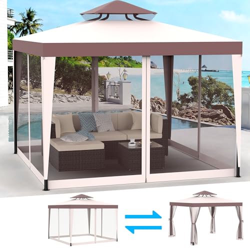 Gazebo, 10'x10' Patio Gazebo Outdoor Waterproof Canopy Tent UV-Resistant 2-Tier Top Sturdy Canopy Shelter Tent for Camping with Removable Netting for Garden Patio Backyard (Red & Brown, 10' x 10') - color: Red & Brown