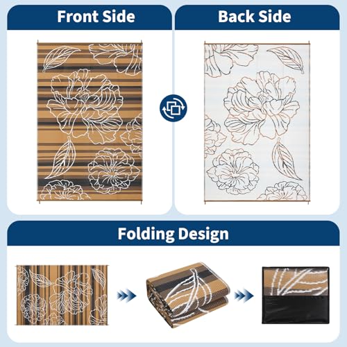 Garvee 10x14 Outdoor Waterproof Rug, Floral Outdoor Area Rug，Reversible Plastic Straw Patio Rug, Portable Camping Mat for RV, Picnic, Beach, Balcony, Garden & Camping Black&Brown - color: Blackbrown, size: 10' x 14' (Rectangular)