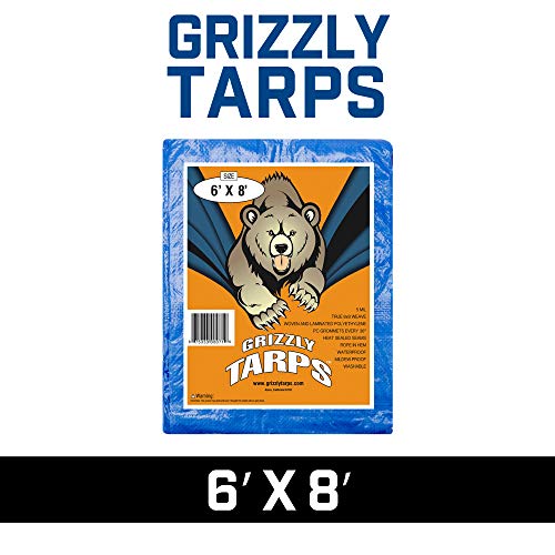 Grizzly Tarps by B-Air 6' x 8' Large Multi-Purpose Waterproof Heavy Duty Poly Tarp with Grommets Every 36", 8x8 Weave, 5 Mil Thick, For Home, Boats, Cars, Camping, Protective Cover, Blue - size: 6X8