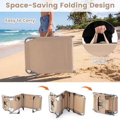 COSTWAY Tanning Chair with Face Hole, Folding Beach Lounge Chair with 4-Position Adjustable Backrest, Pillow & Side Pocket, Foldable Chaise Lounge Chair Outdoor for Sunbathing, Camping (1, Beige) - color: Beige