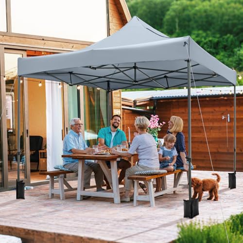 Tangkula 10x10 FT Pop Up Canopy, Instant Setup Outdoor Tent with Heavy-Duty Carbon Steel Frame, Wheeled Bag, 4 Sandbags, 8 Stake, 4 Ropes, Portable Canopy Tent for Parties Events Camping (Gray) - color: Gray