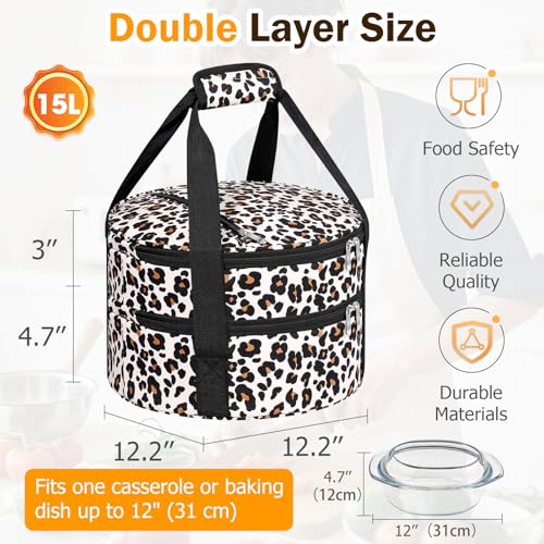 Round Double Insulated Casserole Carrier – 12" Portable Pie Carrier Bag for Hot or Cold Food, Leakproof Thermal Lunch Tote with Handle for Parties Picnic & Travel - Leopard - color: Leopard, size: Double