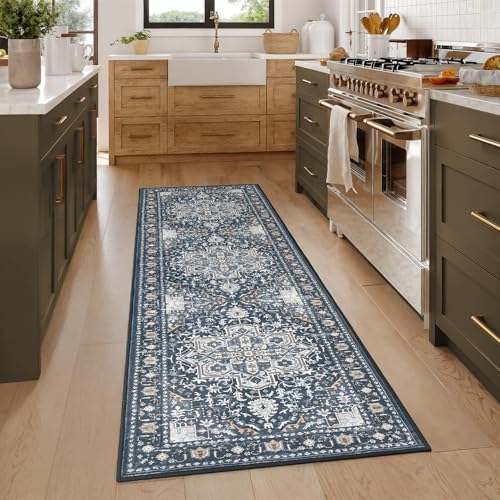 Rugflix 2x6 Runner Rug for Hallway, Washable Kitchen Runner Non Slip, Vintage Low Pile Entryway Carpet, Soft Stain Resistant Long Laundry Room Rug for Stairs, Bedroom, Navy Blue - color: Navy Blue, size: 2' x 6' (Runner)