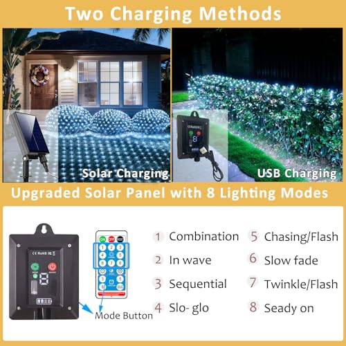 21ft x 5ft Solar Net Lights, 360LED Christmas Net Lights Solar & USB Powered, Waterproof Mesh String Lights 8 Modes Green Wire for Bushes Patio Garden Xmas Holiday Party Outdoor Decor (Cool White) - color: Cool White, size: 21ftx5ft (Green Wire)