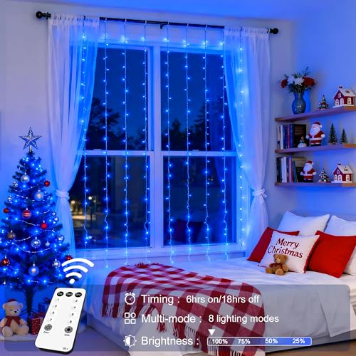JMEXSUSS 300LED Curtain Lights, Blue Christmas Lights with Remote, Blue String Lights for Bedroom Wall Window Backdrop Garden Indoor Outdoor Pool Patio Yard Porch Decorations, 9.8x9.8ft - color: Blue, size: 300 LED