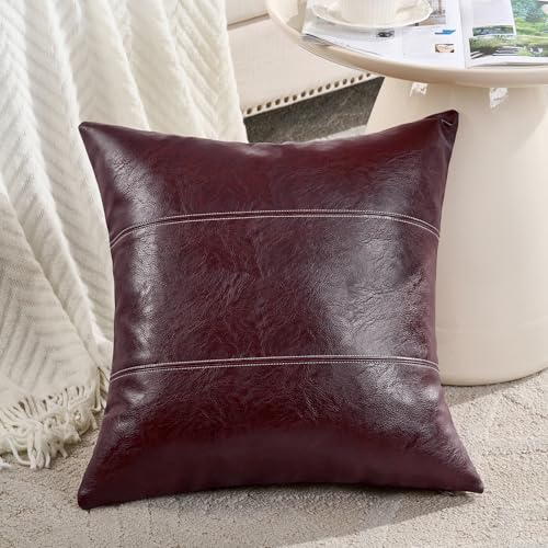 Fancy Homi 2 Packs Burgundy Faux Leather Decorative Throw Pillow Covers 16x16 Inch for Living Room Couch Bed, Modern Farmhouse Home Decor, Wine Red Hand Stitched Accent Square Cushion Case 40x40 cm - color: Burgundy, size: 16" x 16" (Pack of 2)