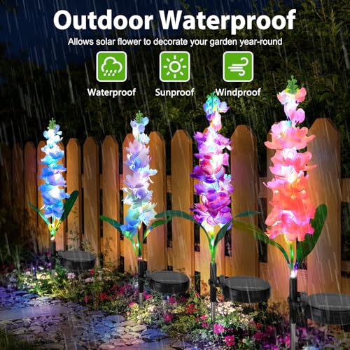 4 Pack Color Changing Solar Lights Outdoor Waterproof, Solar Delphinium Flower Stake Lights Auto ON/Off Solar Garden Lights for Spring Lawn Pathway Landscape Birthday Gifts for Mom Women Grandma - color: Delphinium Flowers