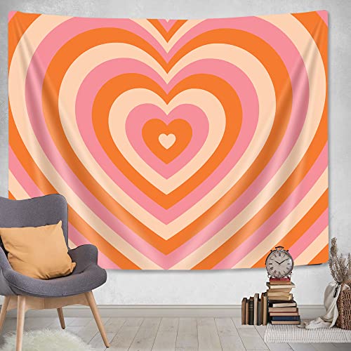 Uokiuki Retro Hippie Tapestry Cute Heart Tapestry 60s 70s Groovy Tapestry Aesthetic Y2K Tapestry Wall Hanging for Studio Room Bedroom Living Room Dorm 71 X 60 Inch Orange - color: Orange, size: 60"L x 71"W