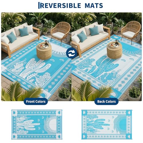 Garvee Waterproof Outdoor Rug 5x8, Cactus Botanical Outdoor Plastic Straw Rug for Camping, Reversible RV Mat Outside, Indoor Outdoor Carpet for Porch, Deck, Backyard, Balcony, Teal Blue - color: Blue--cactus, size: 5' x 8' (Rectangular)