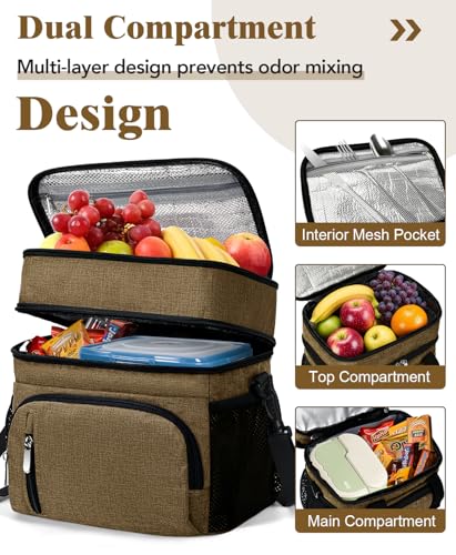 Insulated Lunch Bag for Men & Women, Double Leakproof Lunch Box Soft Cooler Tote with 5 Pockets, 600D Oxford, EVA Lining, Adjustable Strap for Work, Picnic, Beach&Travel-Coffee - color: Coffee, size: Double