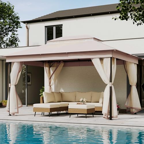 LAUSAINT HOME 10' X 13' Waterproof Patio Gazebo with Mosquito Netting, Double Roof Outdoor Gazebo Pavilion Shelter for Backyard, Garden, Lawn, Wedding (Khaki) - color: Khaki, size: 10'x13' w/o curtains