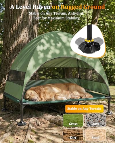 Elevated Outdoor Dog Bed with Canopy, Raised Dog Cot with Stable Adjustable Feet, Dog Camping Bed with Larger Shade, Lifted Dog Tent Bed with Canopy for Outside (Green, X-Large) - color: Green, size: X-Large