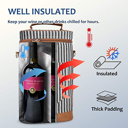 Tirrinia 2 Bottle Wine Gift Tote Carrier - Leakproof & Insulated Padded Versatile Wine Cooler Bag for Travel, BYOB Restaurant, Wine Tasting, Party, Dinner,Gift for Wine Lovers, Black Stripe - color: Black Stripe, size: 2 Bottle-without front pocket