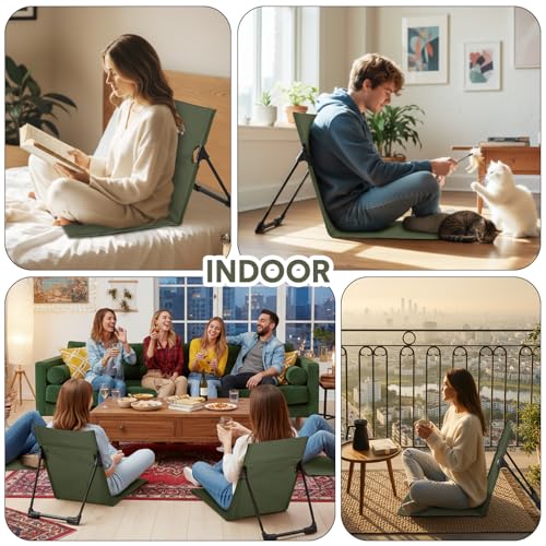 Jetec Foldable Floor Backrest Chair Portable Camping Chair with Storage Bag Light Weight Lazy Seat for Indoor Outdoor Bed Ground Park Lawn Concerts Beach Hiking - color: Army Green, size: Regular