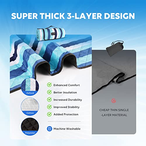ZAZE Beach Blanket Picnic Blankets with Stakes, Thick 3-Layer 80*80 Oversized Waterproof Sandproof Compact Outdoor Mat, Big Extra Large Foldable Camping Park Vacation Travel Accessories(Blue Stripe) - color: Blue White Stripe With Stakes