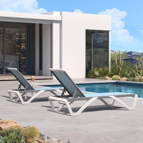 PURPLE LEAF Patio Chaise Lounge Chair Set of 3 Outside Aluminum Plastic Stackable Tanning Chairs for Pool Sunbathing Beach Deck Outdoor Lounger, Light Blue - color: Light Blue, style: 2 chairs + 1 table