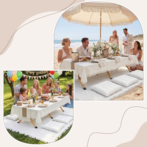 Novabright 10 Pcs Picnic Kit Folding Picnic Table 59'' x 20.5'' Large Outdoor Boho Blanket 91'' x 71'' Beige Table Runner 6 Floor Pillows Cushions Woven Cotton Oversize Washable for Camp Wedding