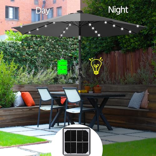 Yaheetech 10FT LED Lighted Patio Umbrella, Outdoor Solar Table Umbrella with 8 Ribs/Tilt Adjustment and Crank Lift System for Garden/Deck/Pool, Gray - color: Gray, size: 10ft