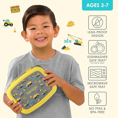 Bentgo Kids Prints Leak-Proof, 5-Compartment Bento-Style Kids Lunch Box - Ideal Portion Sizes for Ages 3-7, Durable, Drop-Proof, Dishwasher Safe, & PFAS & BPA-Free Materials (Construction Trucks) - color: Construction Trucks