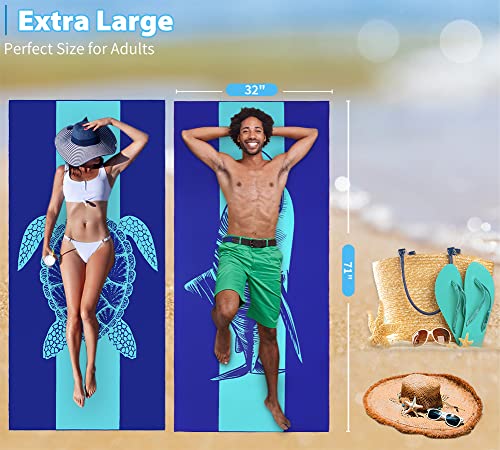 2 Pack Microfiber Lightweight Beach Towel 71"x32" Oversized Extra Large Thin Sand Free Towels Travel Swim Pool Yoga Gym Camping for Adults Women Men Beach Essentials Accessories Vacation Gift - color: 2 Pack Turtle Shark
