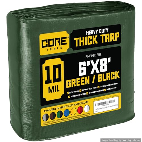 Core Tarps Heavy Duty 10 Mil Tarp Cover, Waterproof, UV Resistant, Rip and Tear Proof, Poly Tarpaulin with Reinforced Edges for Roof, Patio, Pool, Boat (Green/Black 6′ X 8′) - color: Green/Black-10 Mil, size: 6′ X 8′