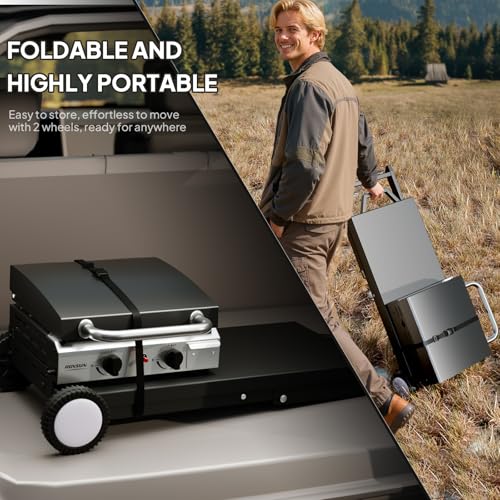 ROVSUN 2 Burner Foldable Propane Griddle with Wheels, Enameled Tray & Lid, 20000 BTU Portable Rolling Flat Top Gas Grill with Electronic Ignition & Regulator for Outdoor Cooking Camping BBQ Tailgating - size: 2 Burner With Lid