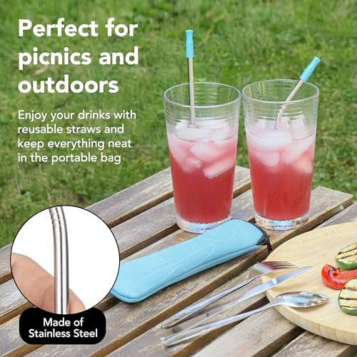 Travel Utensils Set with Case 4 Pack, Reusable Stainless Steel Portable Cutlery (Fork, Spoon, Knife, Straws & Cleaner) for Work, Dorm, Camping, Lunch Box, Compact Durable Silverware by Ecoberi - color: Pink