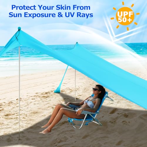 COMMOUDS Beach Tent Sun Shelter - UPF50+ Pop Up Beach Canopy with Sandbags & Sand Shovel & Windproof Poles, Portable Sun Shade for Beach, Camping, Picnics, Backyard - color: Sky Blue, size: 10 x 10 FT 4 Pole
