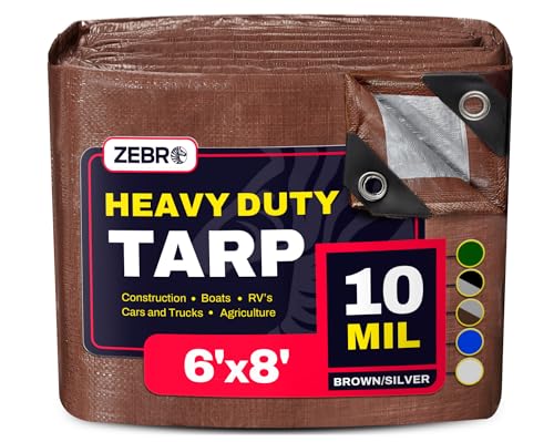 6' x 8' Brown/Silver Heavy Duty Tarp with Grommets Reinforced - 10 Mil Thick - Double Sided Plastic Waterproof Tarps - Large Tarpaulin Cover for Outdoor Camping Tent Tarp RV Roof Rain - Zebro - color: Brown/Silver, size: 6' x 8'