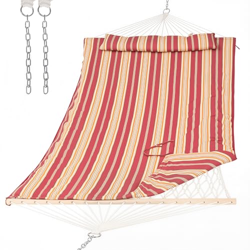 SUNCREAT Two Person Rope Hammock with Pad, Hanging Tree Double Hammock with Large Pillow, Hardwood Spreader Bar, Red Stripe - color: Red Stripe