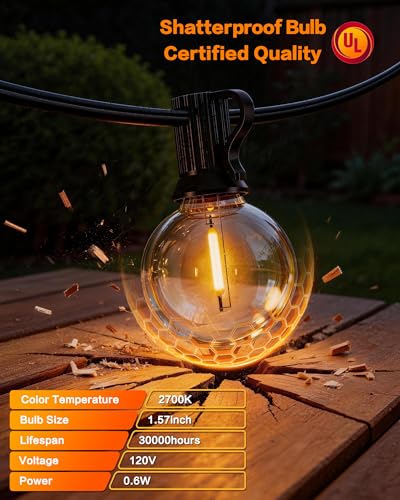 Outdoor String Lights, 50FT 27+1 G40 Edsion Bulbs Shatterproof Patio Lights Waterproof, Dimmable Connectable Globe Hanging Lights for Outside, Backyard, Bistro, Porch, Deck, Balcony - size: 50FT