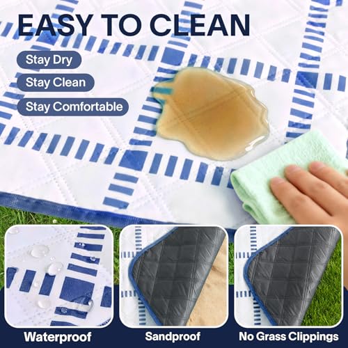 Alvantor® Extra Large Picnic Blanket, 80"x80" Waterproof Outdoor Blanket, Foldable Camping Blanket with Hook & Loop Straps, Portable for Beach, Park, Travel, Sandproof, Soft & Durable,Blue - color: Bule and White