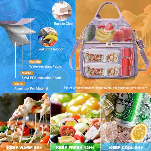 AIJIEKE Large Insulated Lunch Bag for Women, Double Compartment Leakproof Lunch Box for Work Office, Reusable Cooler Tote with Adjustable Strap & Side Pockets for Adults Picnic Beach, Purple - color: Purple