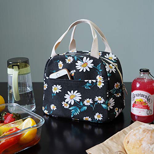EurCross Women's Lunch Bags for Work with Chic Floral Daisy Pattern,Canvas Stylish and Insulated Black Lunch Tote Bento box Bag Carrier of On-the-Go Storage - color: Dasiy