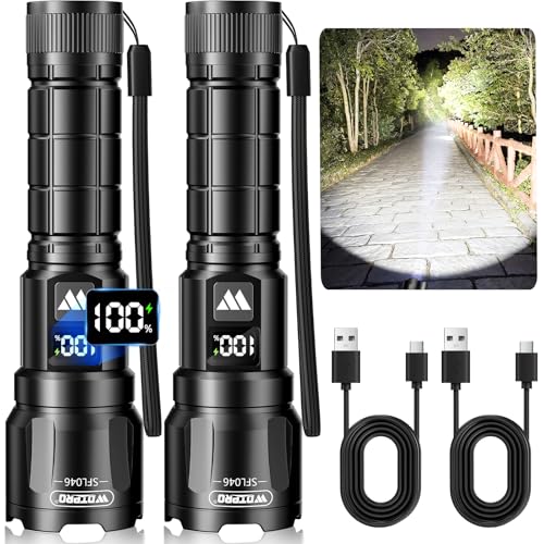 WdtPro Flashlight LED Rechargeable 2 Pack, 3 Modes Super Bright Flashlights High Lumens, Zoomable Tactical Linternas with LCD Digital Display, Powerful Handheld Flashlights for Home Emergency Camping - color: Black