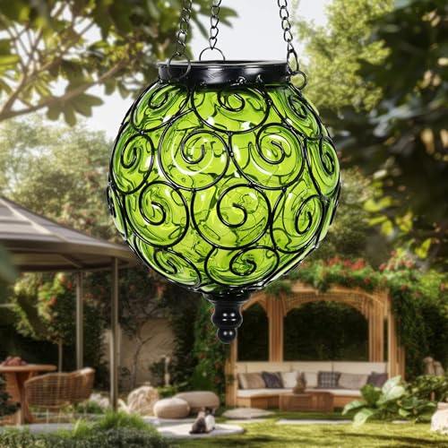 Solar Hanging Lantern Outdoor Garden Lights, Round Glass and Metal Hanging Lantern, 15 Firefly LED Lights, 7 x 20 Inch (Green) - color: Green