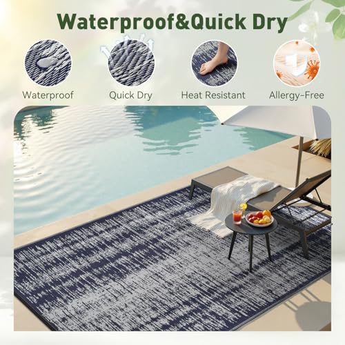 MontVoo Outdoor Rug Waterproof 6x9 ft Outdoor Patio Rug Mat Reversible Plastic Straw Outside Rug Carpet Outdoor Rugs for RV Camping Picnic Beach Balcony Porch Deck - color: Navy Blue, size: 6' X 9' (Rectangular)