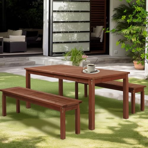 Outvita 3 Piece Outdoor Dining Set, Wood Patio Table and Benches, Indoor Outdoor Patio Furniture for Backyard, Poolside, Entryway, Porch