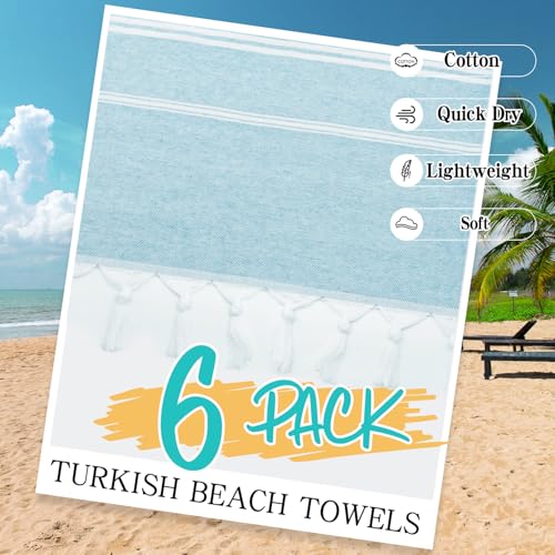 Eliamo Turkish Beach Towel Set of 6 Beach Towels Cotton Quick Dry Sand Free 36 x 71 inch Turkish Towel Oversized Lightweight Beach Towels Blue - color: Blue