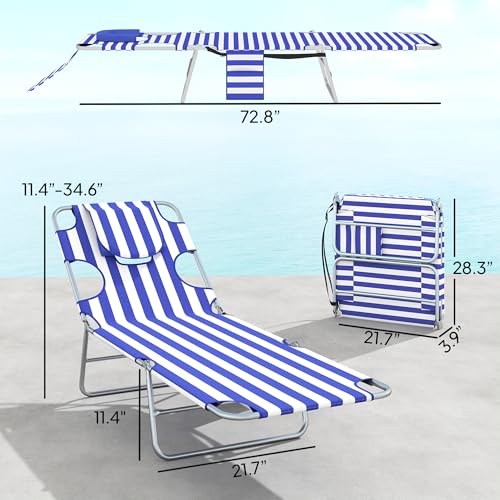 Outsunny Chaise Lounge Chair Outdoor Set of 2 with Face Arm Hole, 5-Position Reclining Face Down Tanning Chair with Carry Strap, Side Pocket, Portable Folding Bed Cot for Patio Beach Pool, Blue Stripe - color: Blue Stripe, size: 2 Pieces