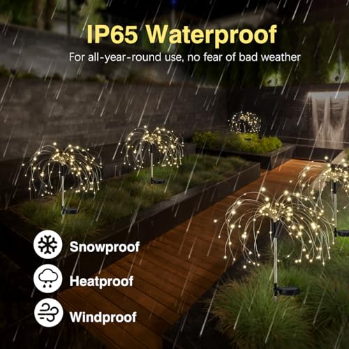 Lewondr Firework Solar Garden Lights 4 Pack, 120 LED Solar Firework Lights with 8 Lighting Modes, Waterproof Sparkler Starburst Solar Lights Outdoor for Yard Porch Patio Backyard, Warm - size: 4 Pack, style: Firework Warm White Light