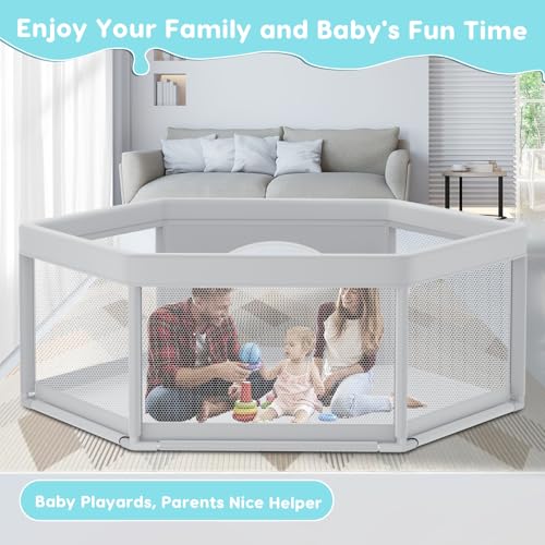 Fshibila 65" ×65" Hexagonal Baby Playpen, Baby Playard for Babies and Toddlers, BabyFence Play Pens for Indoor & Outdoor, Sturdy Safety Play Yard with Soft Breathable Mesh, Anti-Fall, Grey - color: Grey, size: 65 x 65 IN Hexagonal